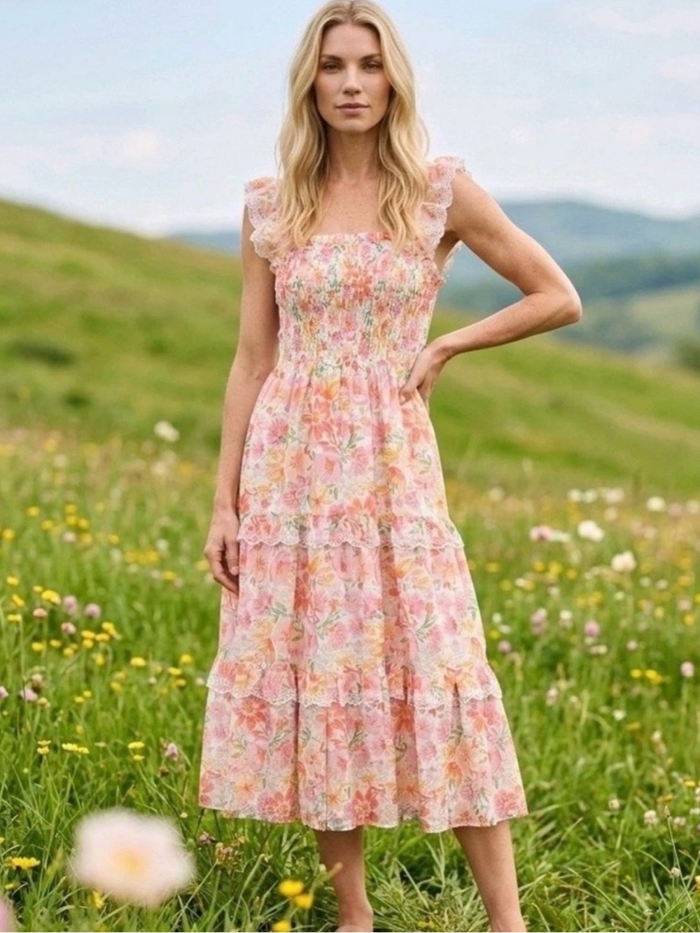 Haute Hippie Dress Sz 12 Pink White Floral Tiered Ruffle Smocked Midi Boho Beach